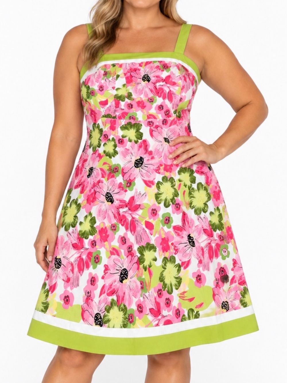 Cato Pink Floral Sundress Lime Trim fit n flare cotton blend summer mini SZ 12